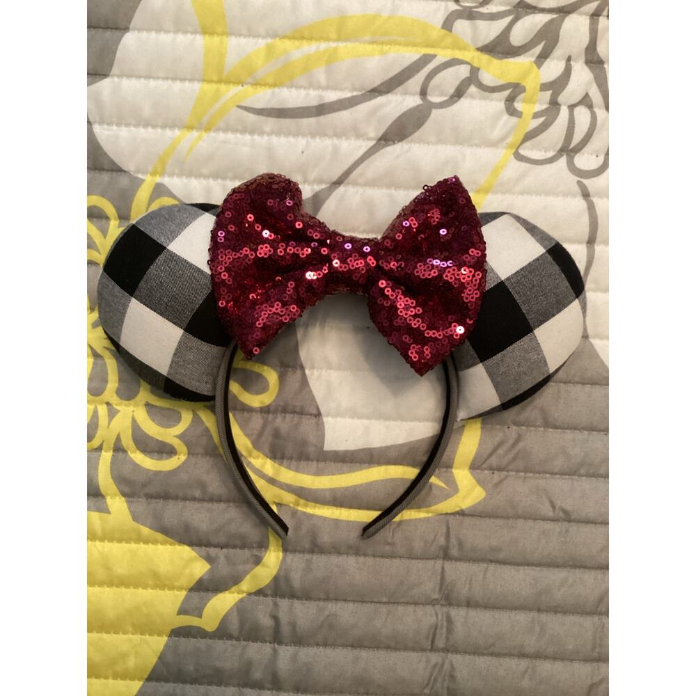Handmade Disney Minnie Mouse Black White Buffalo Plaid Pattern Purple Sequin Ear